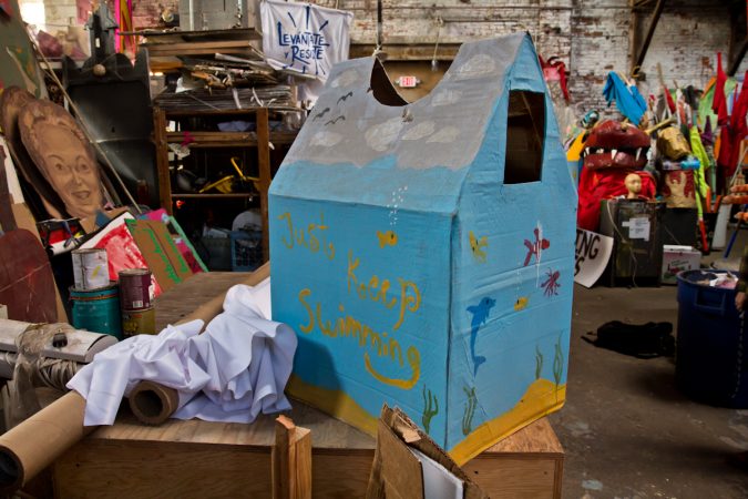 A wearable house to be worn at the 18th Peoplehood Parade Saturday. (Kimberly Paynter/WHYY)