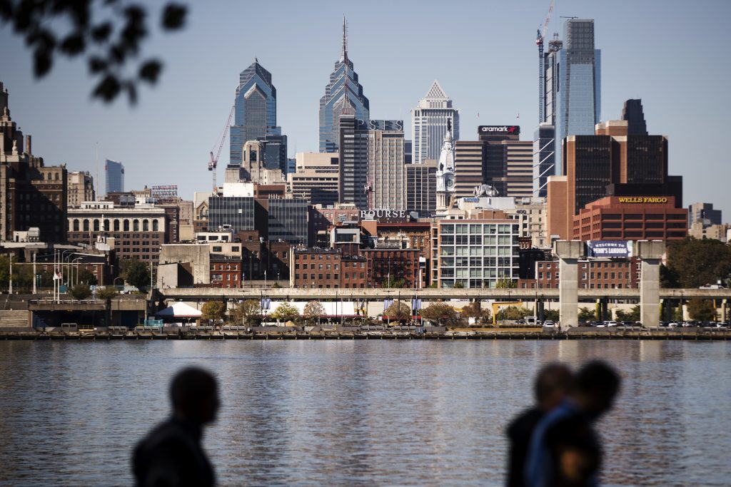 Philadelphia skyline The Philadelphia skyline is seen along the banks of the Delaware River.