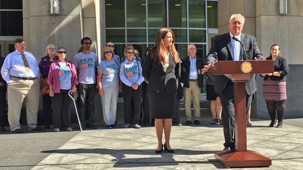 redistricting_lawsuit_hearing_1200 Mimi McKenzie and David Gersch, two of the plaintiffs' lawyers arguing state lawsuit on Pa.'s congressional map, stand outside Commonwealth Court in Harrisburg in October. (Lindsay Lazarski/Keystone Crossroads)