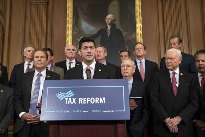 Paul Ryan,Mitch McConnell Speaker of the House Paul Ryan, R-Wis., and Senate Majority Leader Mitch McConnell, R-Ky., meet with reporters to announce the Republicans' proposed rewrite of the tax code for individuals and corporations, at the Capitol in Washington, Wednesday, Sept. 27, 2017. President Donald Trump and congressional Republicans are writing a far-reaching, $5-trillion plan they say would simplify the tax system and nearly double the standard deduction used by most Americans. (AP Photo/J. Scott Applewhite)