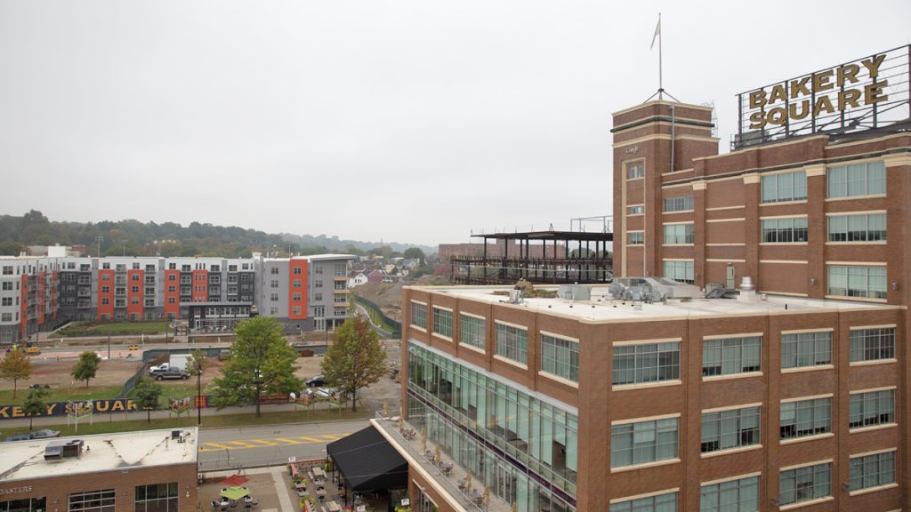Google offices, luxury apartments, and upscale box stores now make up Bakery Square where Nabisco once operated.  (Lindsay Lazarski/WHYY)
