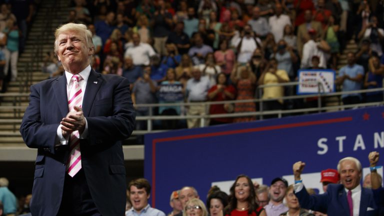 President Donald Trump speaks at a campaign rally for Sen. Luther Strange