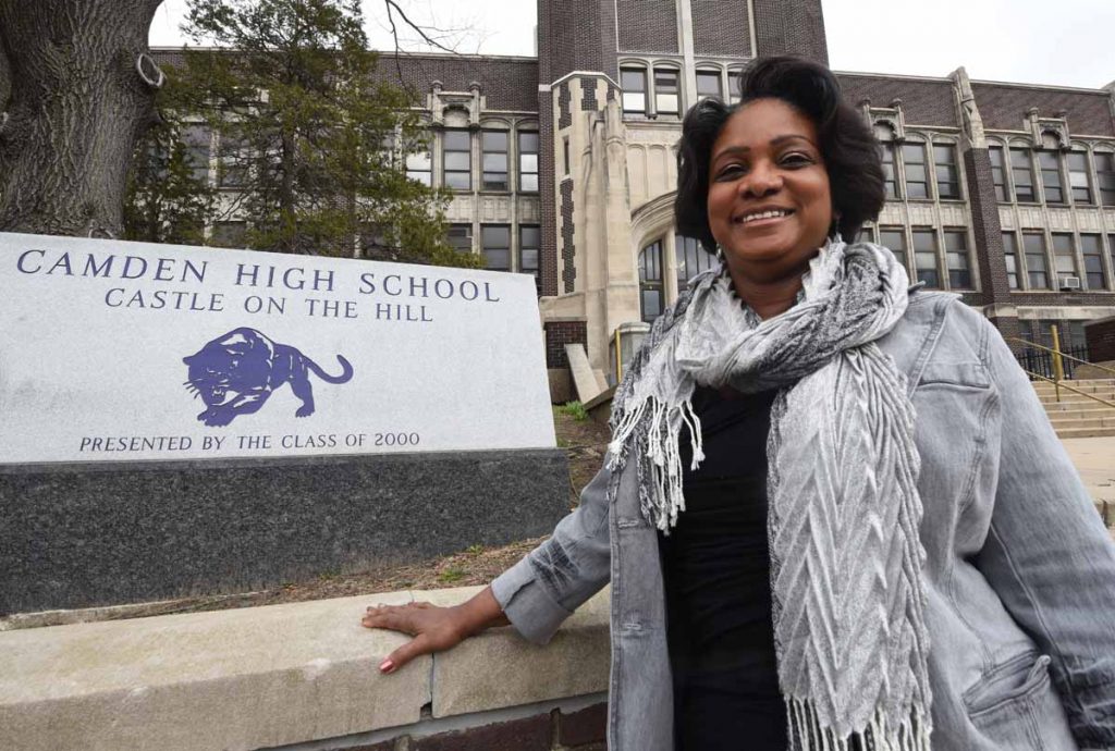 01 Camden High alum Dr. Doris Carpenter, who has led the fight to preserve the Castle, in front of the school in March 2017. (April Saul/for Newsworks)