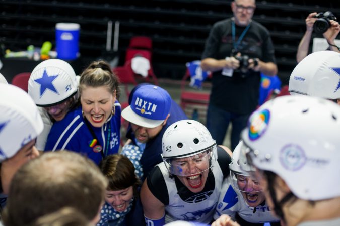 The Victorian Roller Derby League celebrated their win over the Rose City Rollers to become the 2017 WFTDA Champions. (Brad Larrison for WHYY)