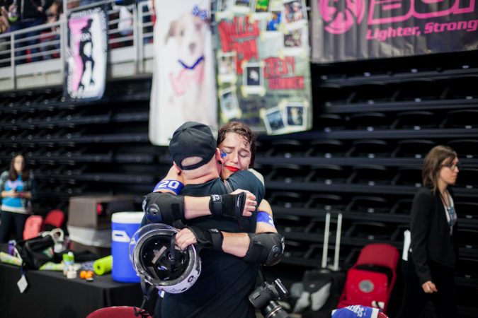 The Victorian Roller Derby League celebrates their win over the Rose City Rollers to become the 2017 WFTDA Champions. (Brad Larrison for WHYY)