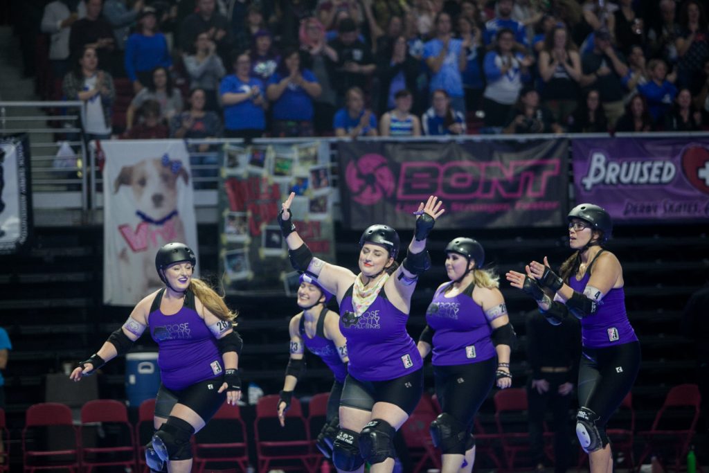 1Roller_Derby_Championship-12 Defending champions, the Rose City Rollers of Portland, Oregon, skate before the final championship game against the Victorian Roller Derby League from Melbourne, Australia