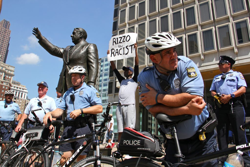 2016 08 12-e lee-philadelphia municipal services building-frank rizzo statue protest Philadelphia police protect the Frank Rizzo statue during a protest