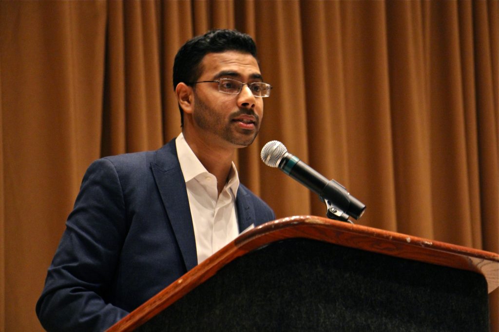 2017 11 09-e lee-akbar hossain-philadelphia pennsylvania convention center-anti defamation league youth conference Akbar Hossain, a student at the University of Pennsylvania Law School who immigrated to the United States from Saudi Arabia as a child, speaks at the Anti-Defamation League's annual Youth Conference at the Pennsylvania Convention Center.