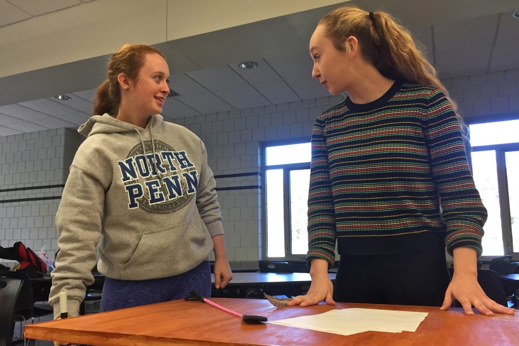 2017 11 10-a wolfmanarent-grace lewis maura slater-lansdale north penn high school-theater 1776 Grace Lewis (left) portrays Stephen Hopkins and Maura Slater (right) portrays John Hancock during a rehearsal for North Penn High School's production of