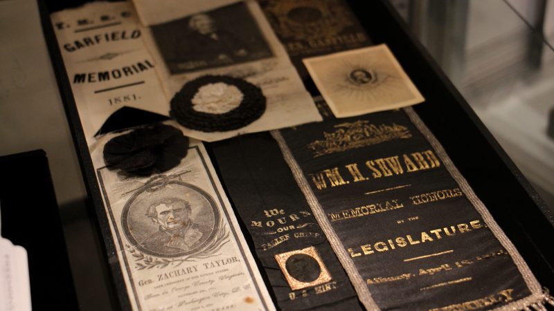 A collection of presidential mourning ribbons from the 19th century. Such items were often handed out as souvenirs at state funerals.