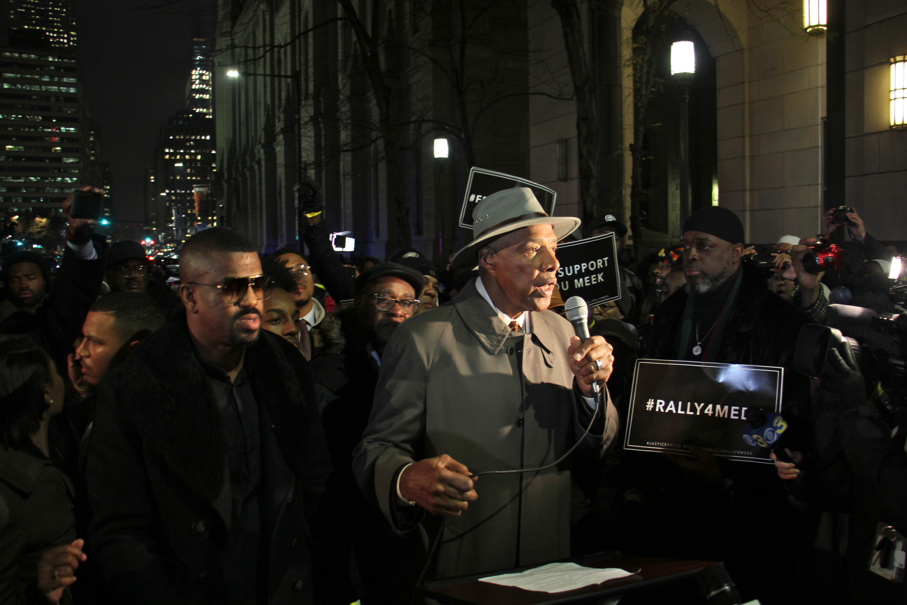 Basketball legend Julius Erving, better known as Dr. J, speaks in support of hip hop musician Meek Mill. He was one of a host of local celebrities who turned out for a rally outside the Center for Criminal Justice in Center City
