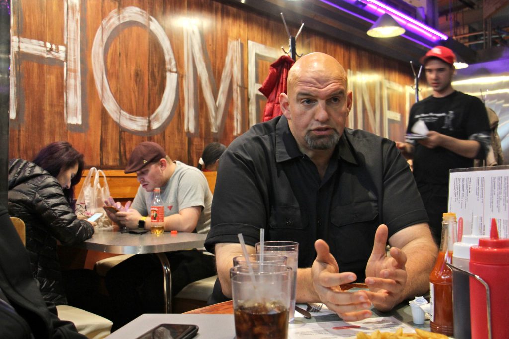 2017 11 15-e lee-john fetterman-philadelphia reading terminal market down home diner-lieutenant governor campaign Bradock Mayor John Fetterman meets with reporters to talk about his run for Pennsylvania lieutenant governor at the Down Home Diner at Reading Terminal Market