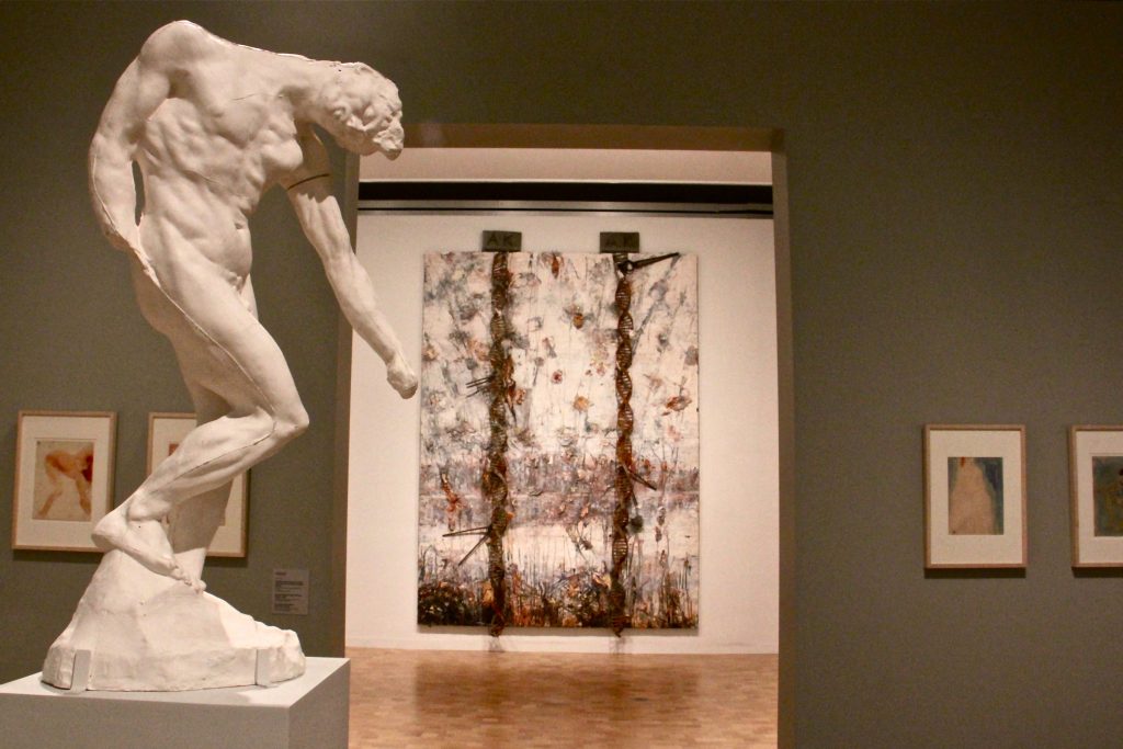 2017 11 16-e lee-philadelphia barnes foundation-anselm kiefer auguste rodin exhibit A Rodin sculpture of a nude man is juxtaposed with an abstract work by Anselm Kiefer