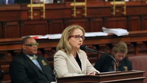 Representative Madeleine Dean, D-Montgomery, addresses her colleagues, as they debate the budget on the floor of the House of Representatives at the Pennsylvania State Capitol in Harrisburg Tuesday June 30, 2015. (Chris Knight/AP Photo, file)