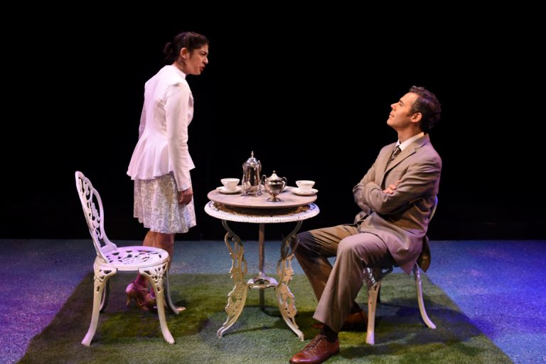 Leigha Kato as Eliza Doolittle and Gregory Isaac as Henry Higgins in Quintessence Theatre Group's production of 