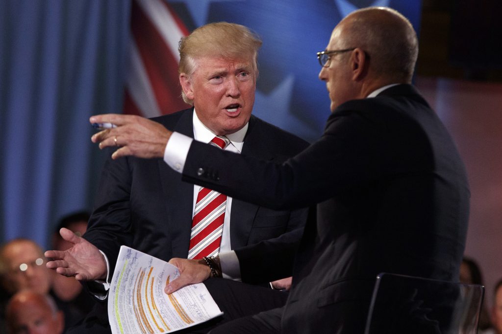 Donald Trump Republican presidential candidate Donald Trump speaks with 'Today' show co-anchor Matt Lauer at the NBC Commander-In-Chief Forum held at the Intrepid Sea, Air and Space museum aboard the decommissioned aircraft carrier Intrepid, New York, Wednesday, Sept. 7, 2016.