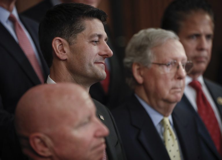 From l-r., Rep. Kevin Brady, R-Texas, Speaker of the House Paul Ryan, R-Wis., Senate Majority Leader Mitch McConnell, R-Ky., and Rep. Mike Bishop, R-Mich., meet with reporters to announce the Republicans' proposed rewrite of the tax code for individuals and corporations, at the Capitol in Washington, Wednesday, Sept. 27, 2017.
