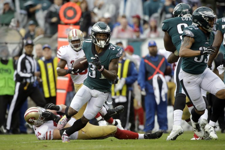 Philadelphia Eagles' Jalen Mills (31) runs the ball in for a touchdown during the first half of an NFL football game against the San Francisco 49ers, Sunday, Oct. 29, 2017, in Philadelphia,.