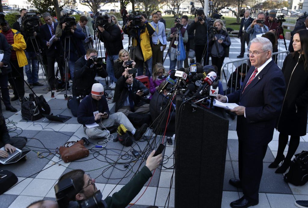 Bob Menendez Democratic Sen. Bob Menendez speaks to reporters in front of the courthouse in Newark, N.J., Thursday, Nov. 16, 2017. The federal bribery trial of Menendez ended in a mistrial Thursday when the jury said it was hopelessly deadlocked on all charges against the New Jersey politician and a wealthy donor.