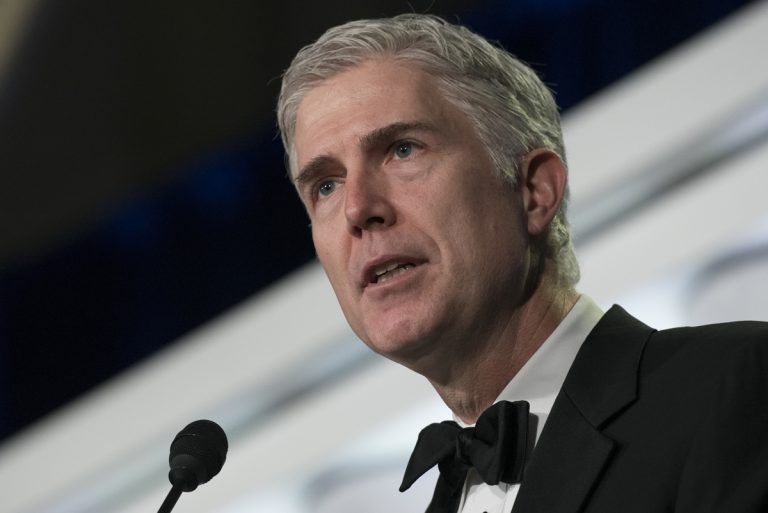 Supreme Court Associate Justice Neil Gorsuch speaks at the Federalist Society's 2017 National Lawyers Convention in Washington, Thursday, Nov. 16, 2017. (Sait Serkan Gurbuz/AP Photo)