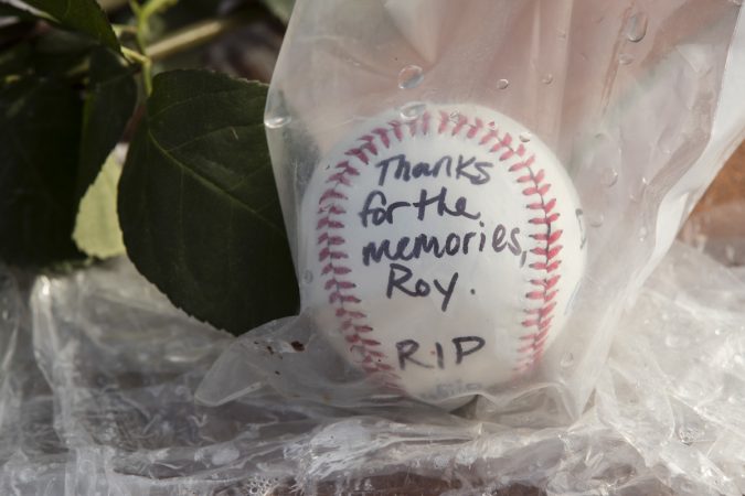 A memento in remembrance of former Phillies pitcher Roy Halladay is shown outside Citizens Bank Park in Philadelphia, Wednesday, Nov. 8, 2017. (Matt Rourke/AP Photo)
