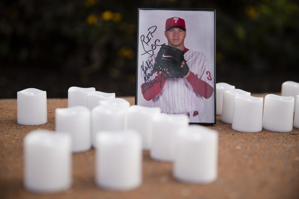 Obit Halladay Baseball A memento is set in remembrance of former Phillies pitcher Roy Halladay outside Citizens Bank Park in Philadelphia, Wednesday, Nov. 8, 2017. Halladay, a two-time Cy Young Award winner who pitched a perfect game and a playoff no-hitter for the Phillies, died when his private plane crashed into the Gulf of Mexico. He was 40. (Matt Rourke/AP Photo)
