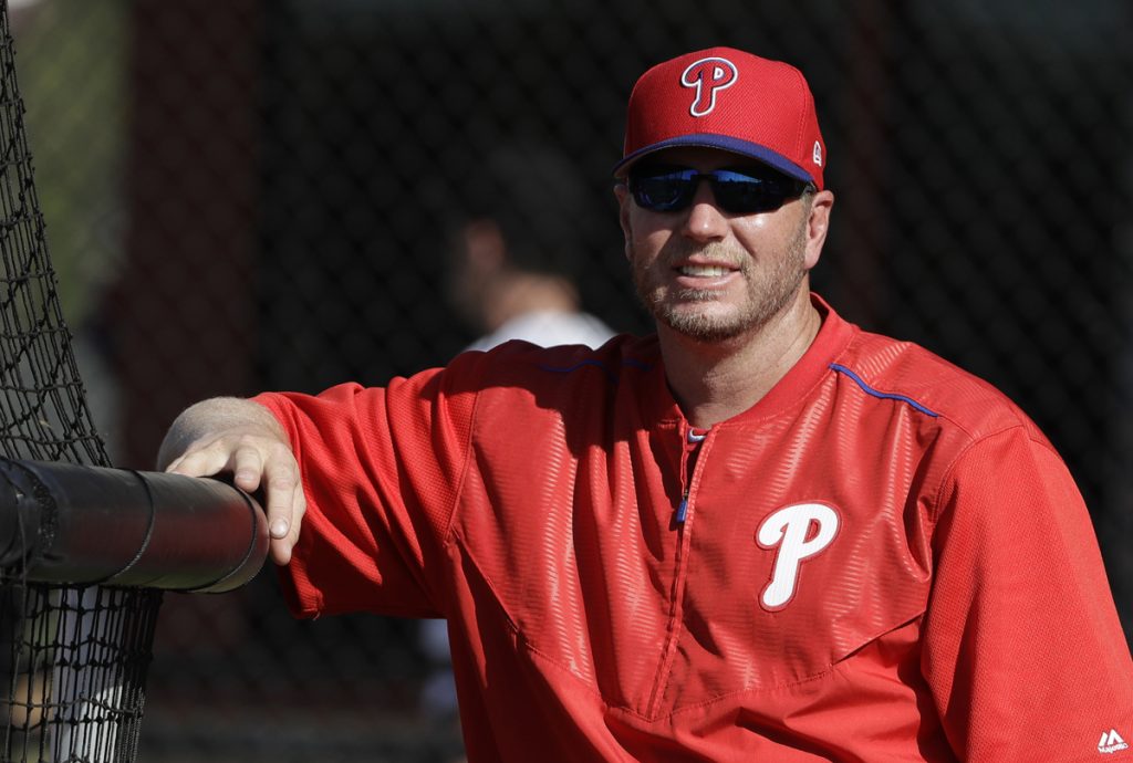 Roy Halladay Former Philadelphia Phillies pitcher Roy Halladay watches relief pitcher Joaquin Benoit throw live batting practice during a workout Thursday, March 9, 2017, in Clearwater, Fla. Halladay was back with the Phillies as a guest instructor. (Chris O'Meara/AP Photo)