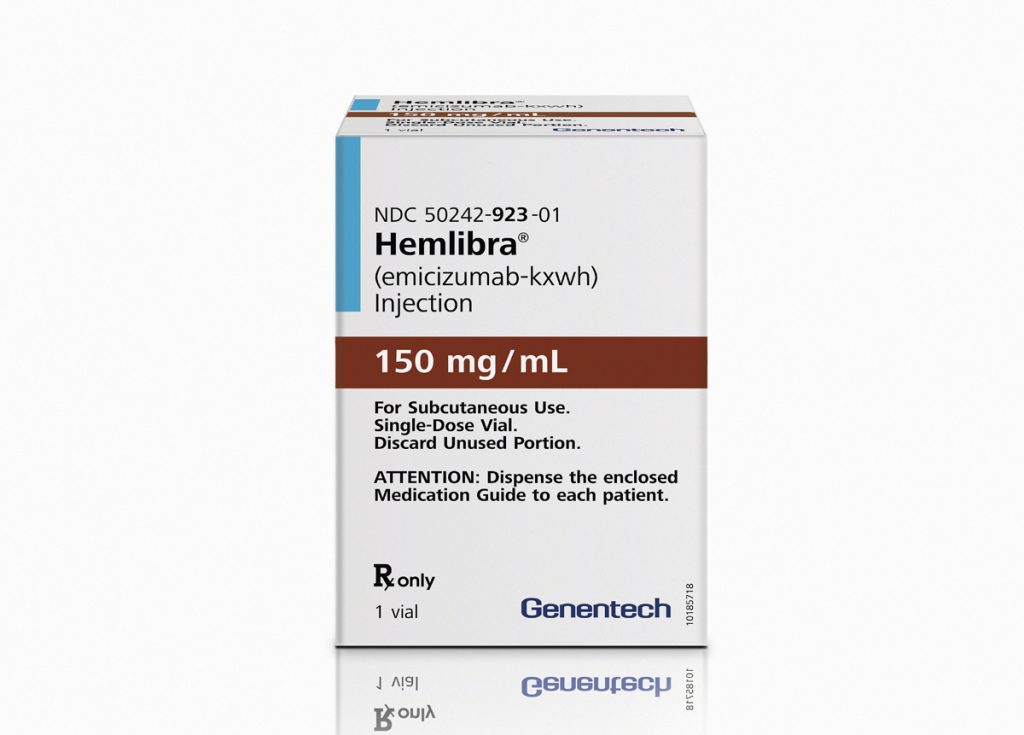 MED–FDA-Hemophilia Treatment This photo provided by Genentech, Inc. shows a package of the drug Hemlibra. On Thursday, Nov. 16, 2017, the Food and Drug Administration approved Hemlibra, the first new treatment in nearly two decades to prevent internal bleeding in certain patients with hemophilia, an inherited blood-clotting disorder. (Genentech, Inc. via AP)