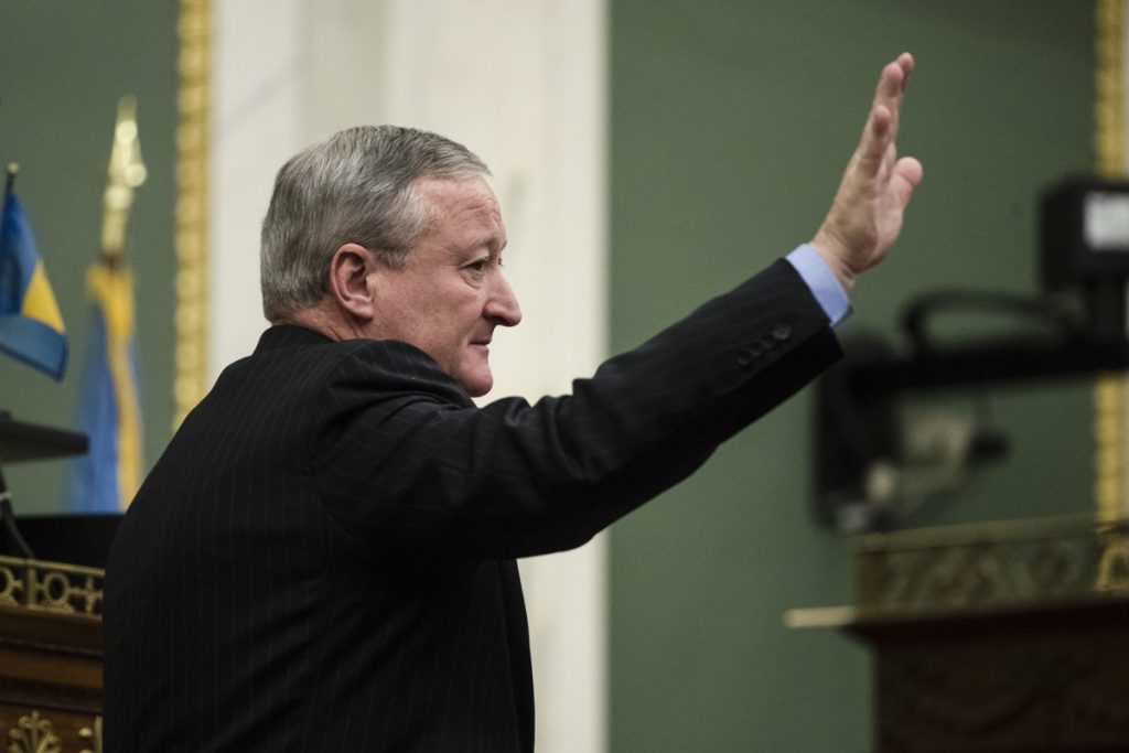 Philadelphia Schools-Control Philadelphia Mayor Jim Kenney gestures after speaking at City Hall in Philadelphia, Thursday, Nov. 2, 2017. Kenney on Thursday called for the panel that governs the city's schools to be dissolved and replaced by mayor-appointed board. (Matt Rourke/AP Photo)