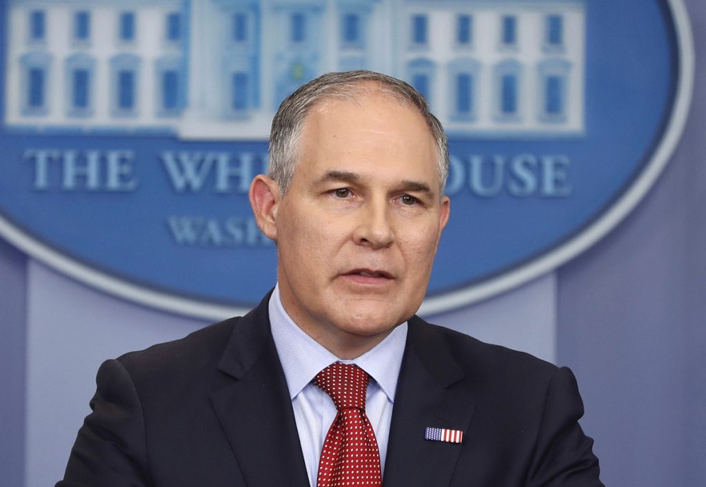 Scott Pruitt In this June 2, 2017 file photo, Environmental Protection Agency administrator Scott Pruitt speaks in the Brady Press Briefing Room of the White House in Washington. (Pablo Martinez Monsivais/AP Photo, file)