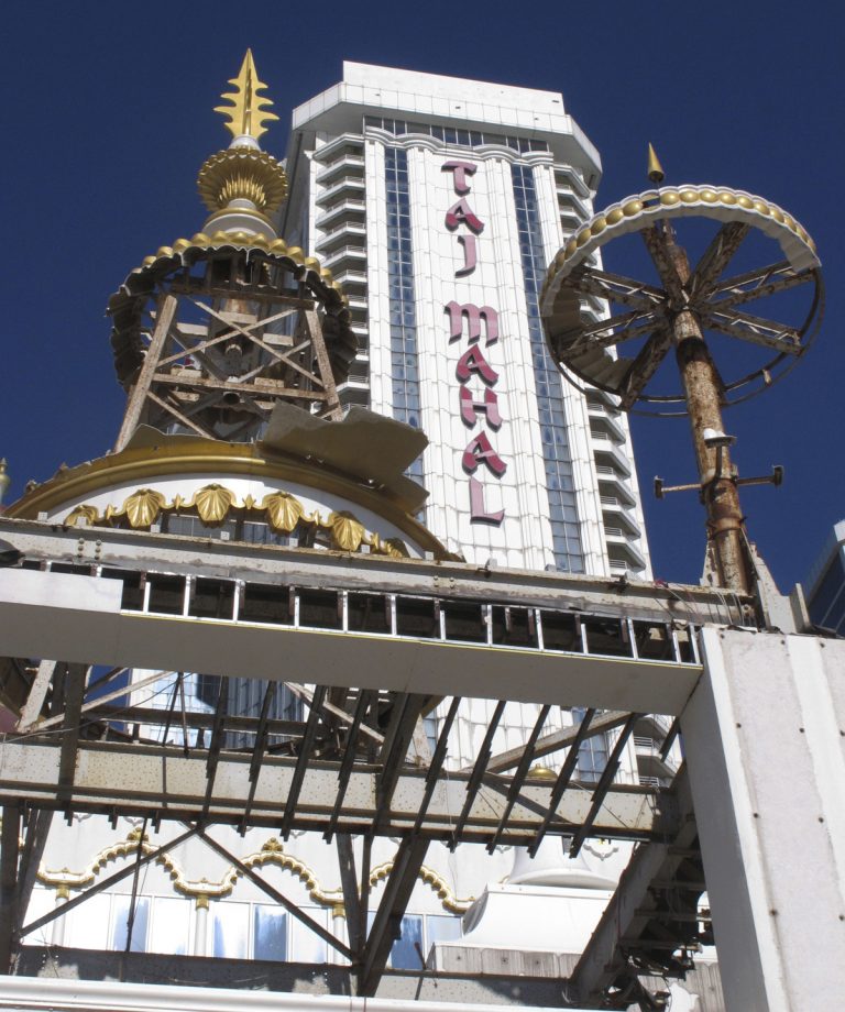 This Nov. 3, 2017 photo shows partially dismantled domes and spires at the former Trump Taj Mahal casino in Atlantic City, N.J. The casino that was built by now-President Donald Trump in 1990 is being converted into a Hard Rock casino resort. (Wayne Parry/AP Photo)