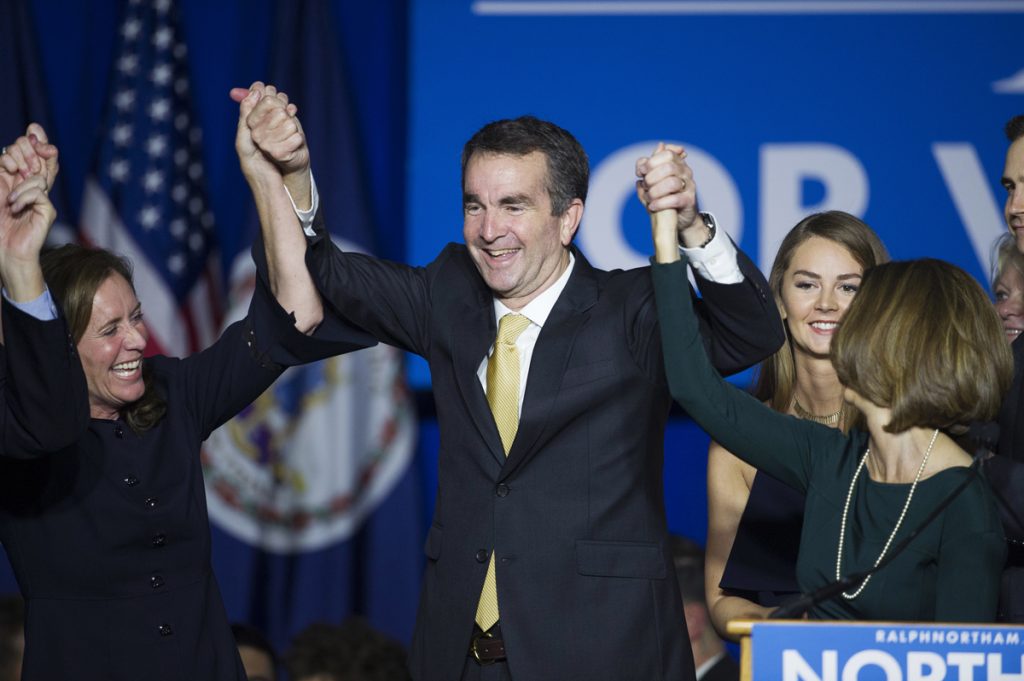 Ralph Northam Virginia Gov.-elect Ralph Northam celebrates his election victory with his wife Pam and daughter Aubrey, right, and Dorothy McAuliffe, wife of Virginia Gov. Terry McAuliffe at the Northam For Governor election night party at George Mason University in Fairfax, Va., Tuesday, Nov. 7, 2017. (Cliff Owen/AP Photo)