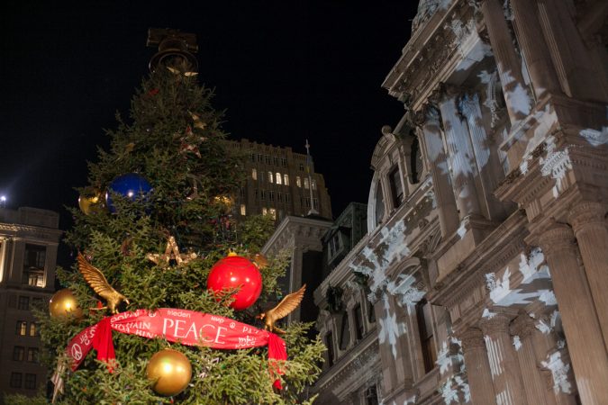 The City Hall Christmas Tree stands waiting to be lit Friday evening. (Brad Larrison for WHYY)