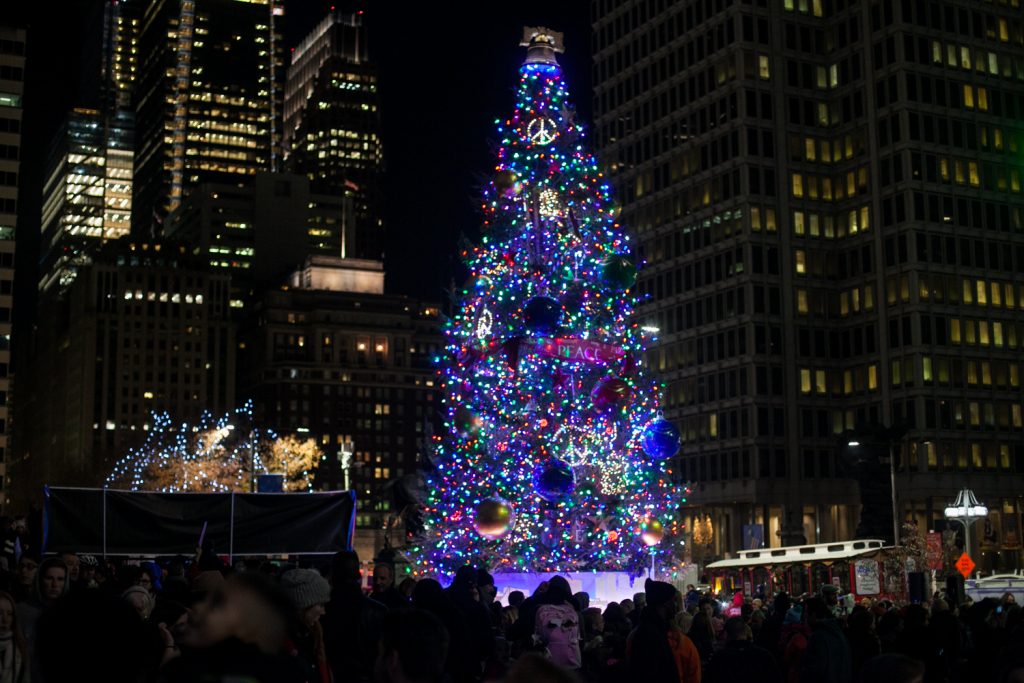 CITY_Hall_Tree_2017-26 The lit Christmas tree outside of City Hall Friday evening. (Brad Larrison for WHYY)