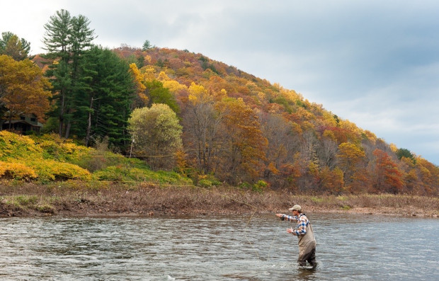 Delaware-River-the-Braids-Friends-of-the-Upper-Delaware-River-620×397 (1) Dan Plummer fishes for trout in the Delaware River, Delaware County New York. The Delaware River Basin Commission has proposed a ban on fracking along the river.