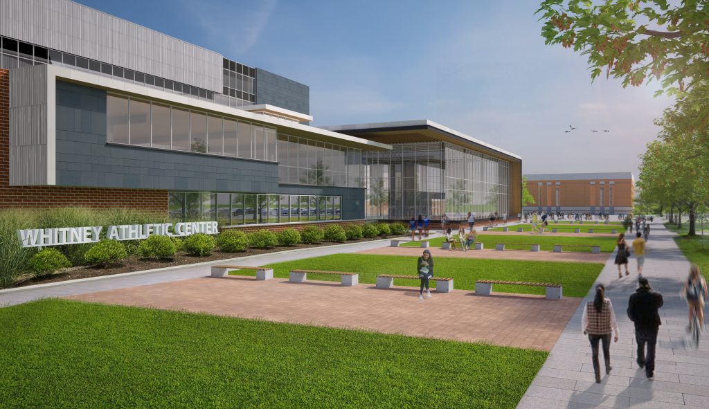 Exterior Performance Center_Whitney The University of Delaware is planning a $60 million renovation of its football stadium and athletic complex, Above is an artist's rendering of a five-story athletic center that will include training and academic space for the 600 athletes on the school teams. (Courtesy of the University of Delaware)