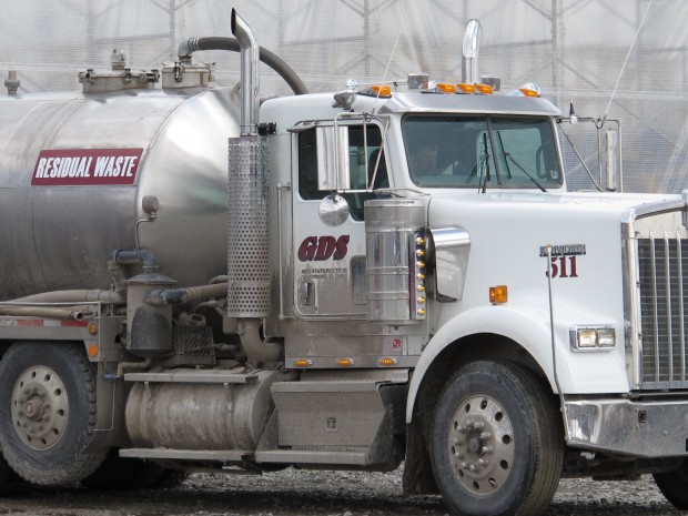 A truck delivers fracking wastewater to a Susquehanna County recycling center