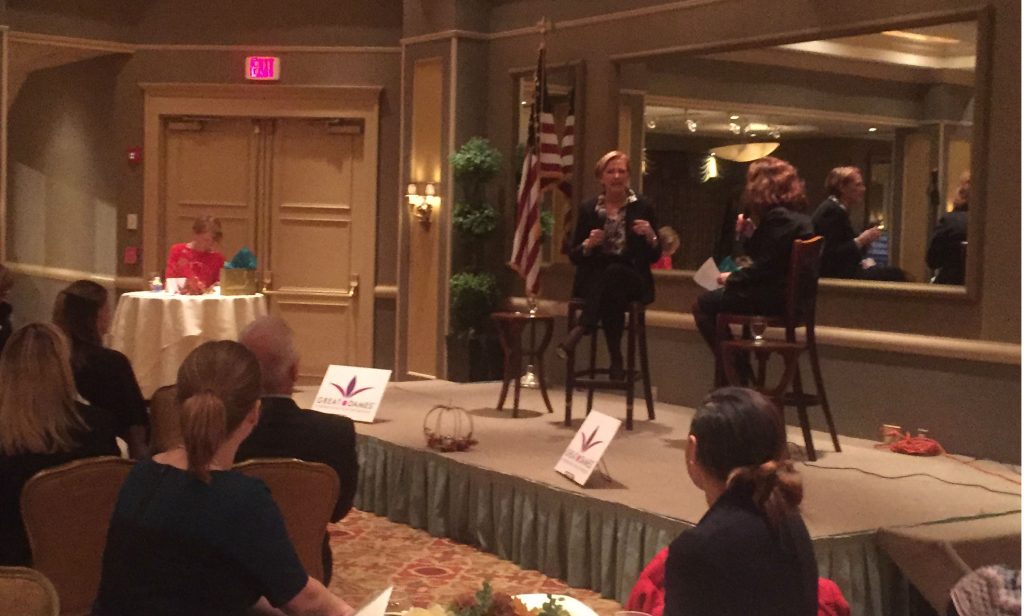 Former DuPont CEO Ellen Kullman talks about gender parity at an event in Wilmington Tuesday night. (Zoë Read/WHYY)