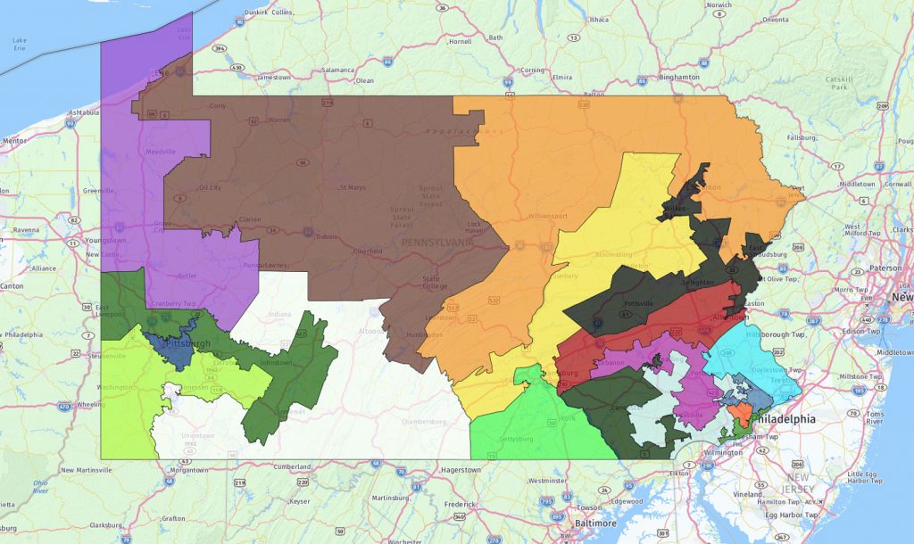 PA_CONGRESSIONAL_DISTRICTS Pennsylvania's congressional map as drawn in 2011. In 2018, it was deemed an unconstitutional partisan gerrymander by the Pa. Supreme Court (Keystone Crossroads)