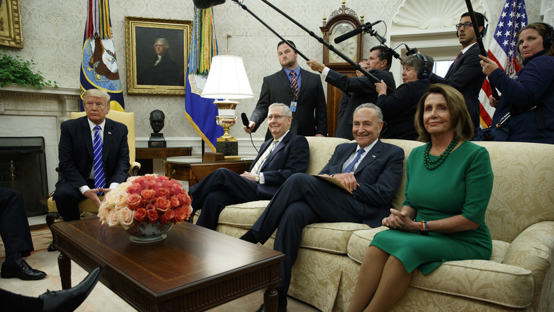 ap_17249560358621_wide-53bacc1c02313cab83e20e9eb062a78d7a0066e8-s800-c85 Senate Minority Leader Chuck Schumer, D-N.Y., and House Minority Leader Nancy Pelosi, D-Calif., along with Senate Majority Leader Mitch McConnell, R-Ky., at an Oval Office meeting with President Trump in September. The top Democrats have pulled out of a similar meeting planned for Tuesday afternoon.