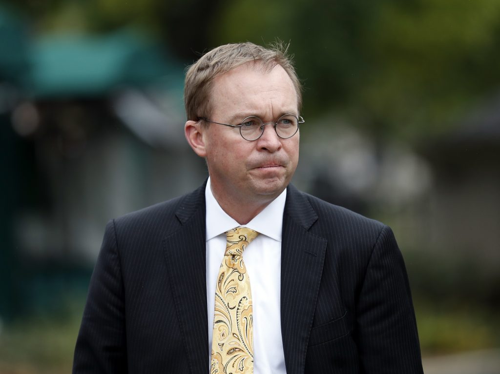Director of the Office of Management and Budget Mick Mulvaney departs after a television interview at the White House in September. Director of the Office of Management and Budget Mick Mulvaney departs after a television interview at the White House in September.