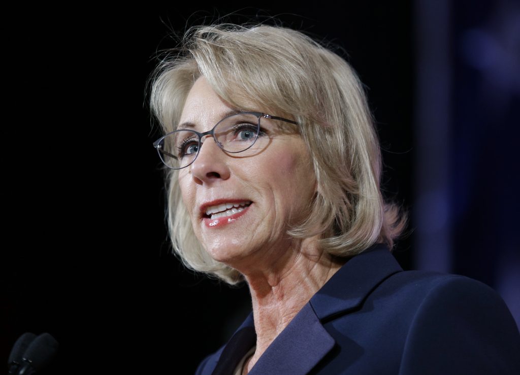 U.S. Education Secretary Betsy DeVos speaks during a dinner hosted by the Washington Policy Center in Bellevue, Wash. U.S. Education Secretary Betsy DeVos speaks during a dinner hosted by the Washington Policy Center in Bellevue, Wash.
(Ted S. Warren/AP)