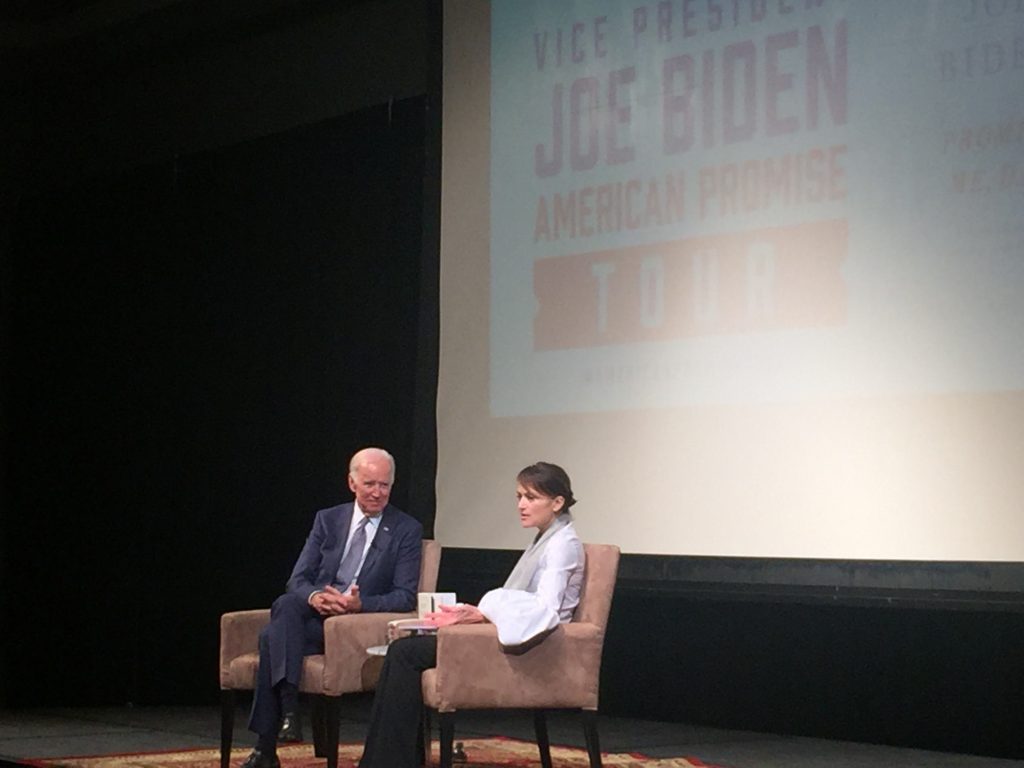 biden and carpenter Former Vice President Beau Biden and novelist Lea Carpenter promoted Biden's book Thursday. (Cris Barrish/WHYY)