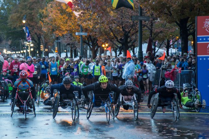 The wheelchair racers begin their course at the 23rd annual Philadelphia Marathon on Sunday November 19th, 2017.