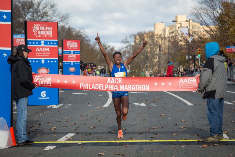 Sarah Kiptoo takes first place for the Women's division with a time of 2:38:14 at the 23rd annual Philadelphia Marathon on Sunday November 19th, 2017.