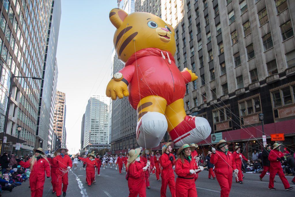 cohen_philly-thanksgiving-parade-10 Daniel Tiger floats down Market Street during the 98th annual Philadelphia Thanksgiving Day Parade, November 23, 2017. (Emily Cohen for WHYY)
