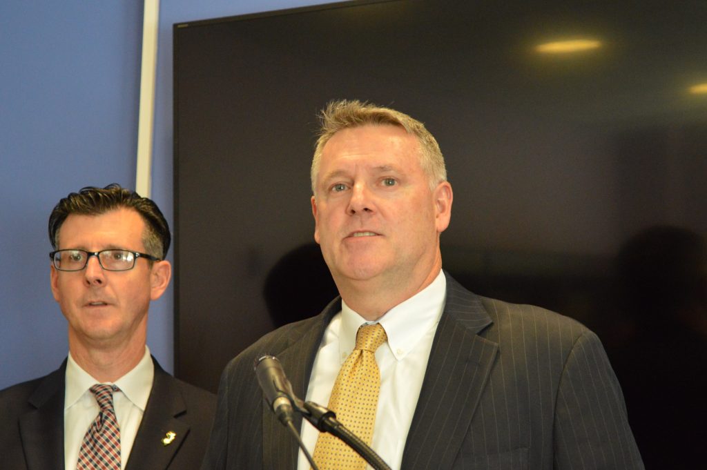 Acting U.S. Attorney William Fitzpatrick (right) and FBI Special Agent in Charge Timothy Gallagher outline charges against former Bordentown Township Police Chief Frank Nucera. (Tom MacDonald, WHYY)