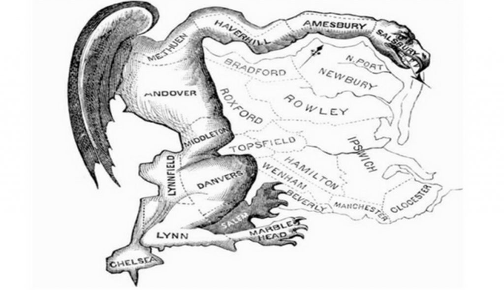 gerry_mander_1200 The term 'gerrymandering' was coined by the Boston Gazette in 1812 for Massachusetts Governor Elbridge Gerry who signed off on a bill that distorted the state's congressional district into twisted and disjointed shapes.