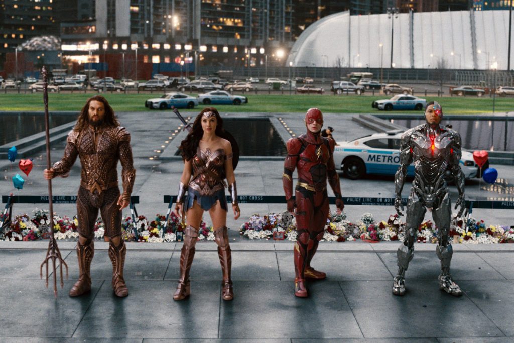 Justice League From left: Jason Momoa, Gal Gadot, Ezra Miller, and Ray Fisher in a scene from