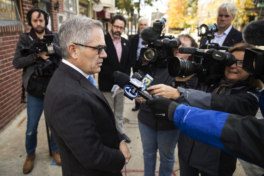 Larry Krasner Larry Krasner speaks with members of the media outside of his polling place